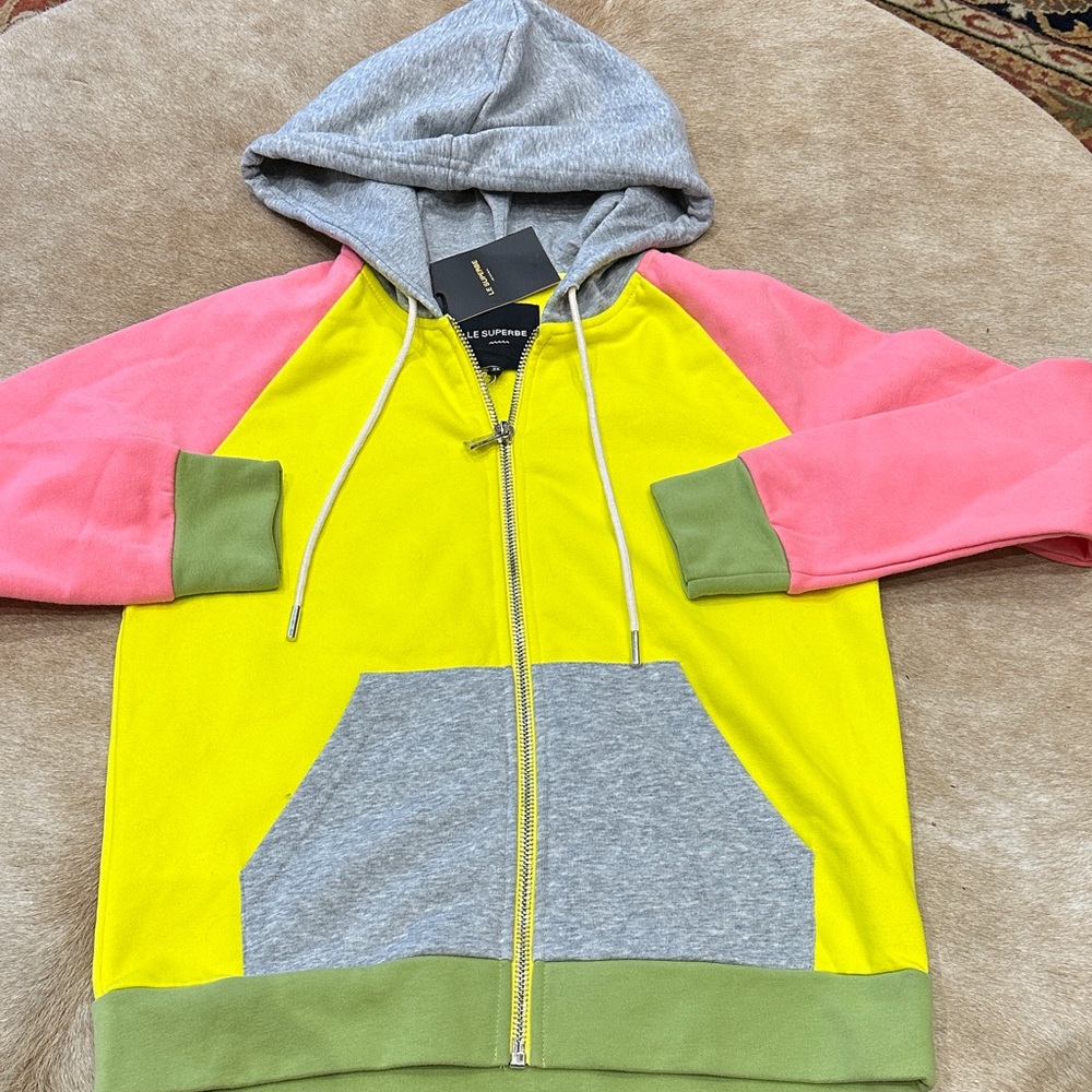 Le Superbe Color block Womens Hoodie with Gray, Yellow, and Pink NWT